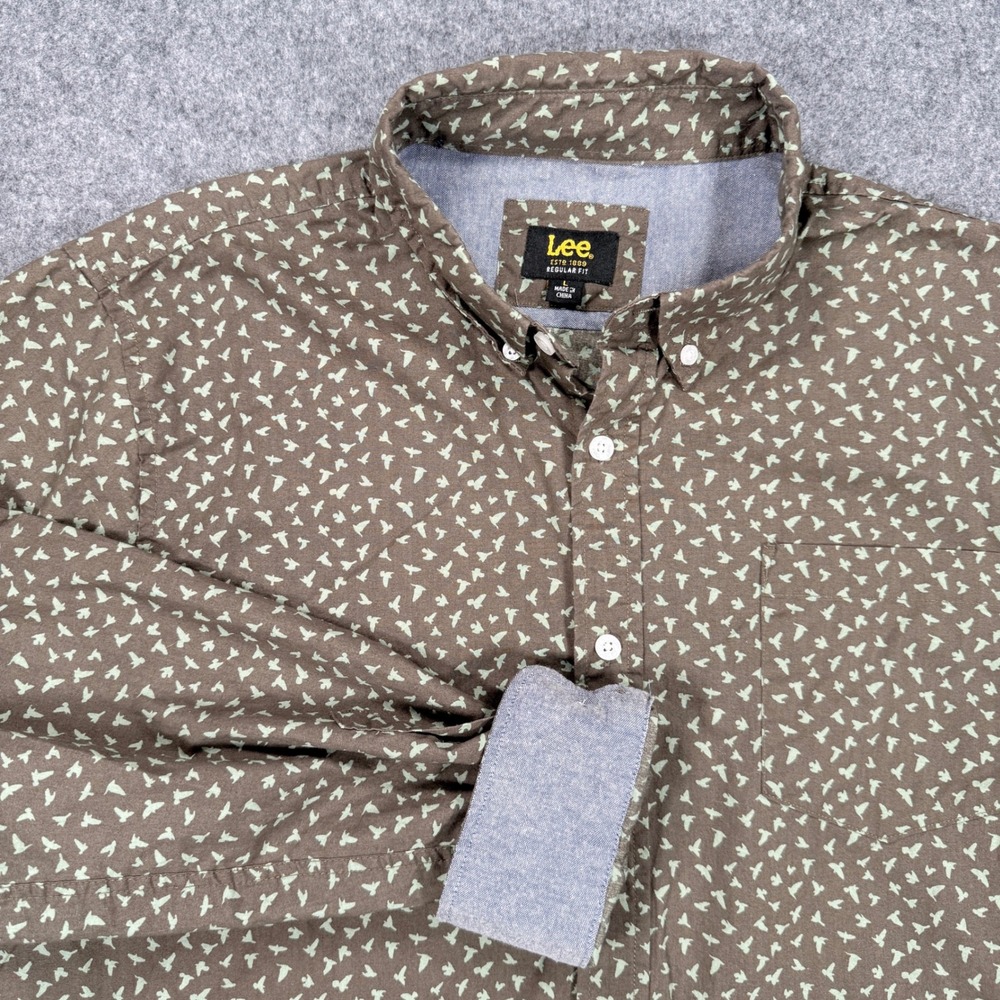 Lee Mens Regular Fit Bird Print Button Down Shirt Brown Sage Green Large
